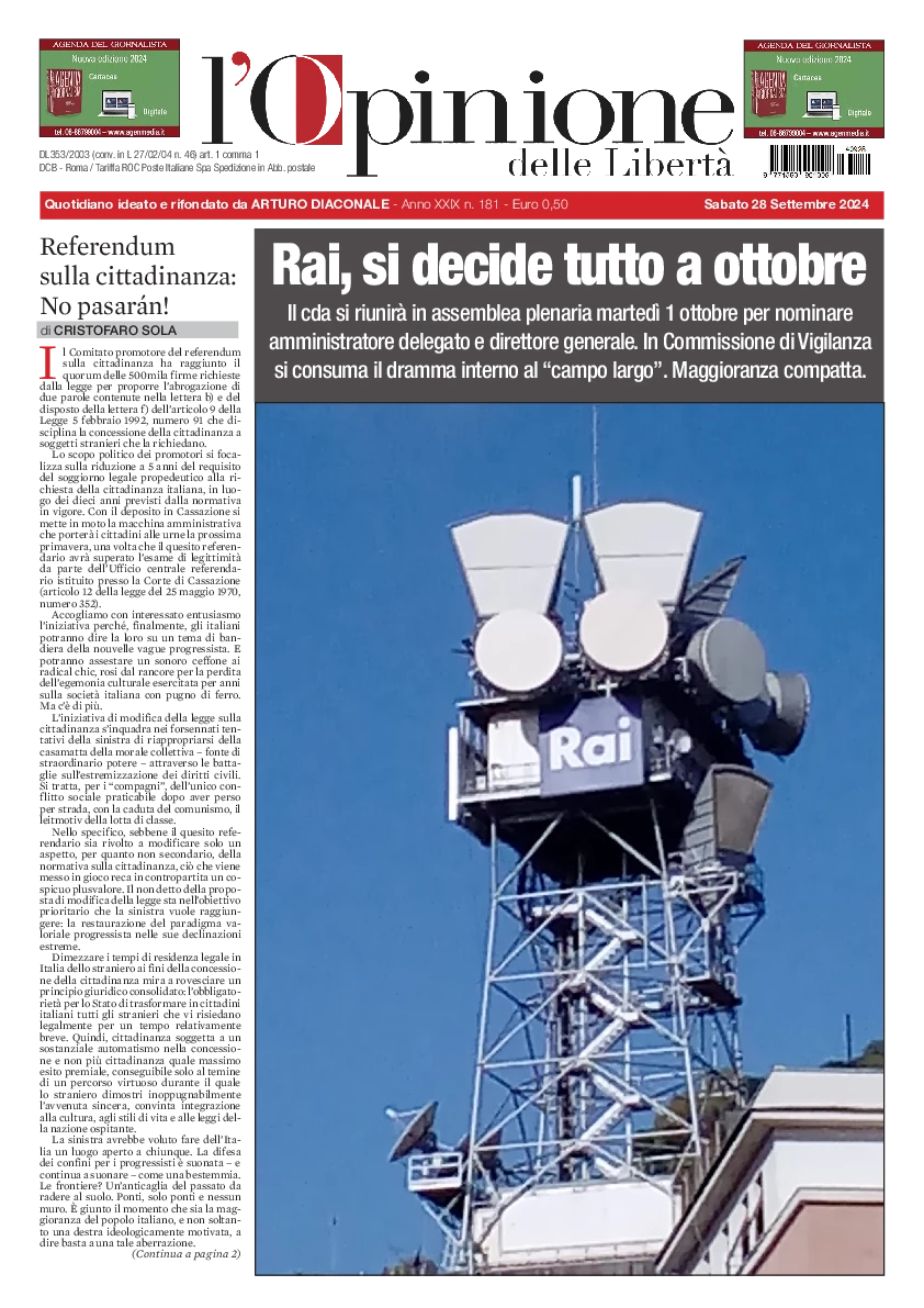 Prima-pagina-opinione della liberta-edizione-di-oggi-2024-09-30